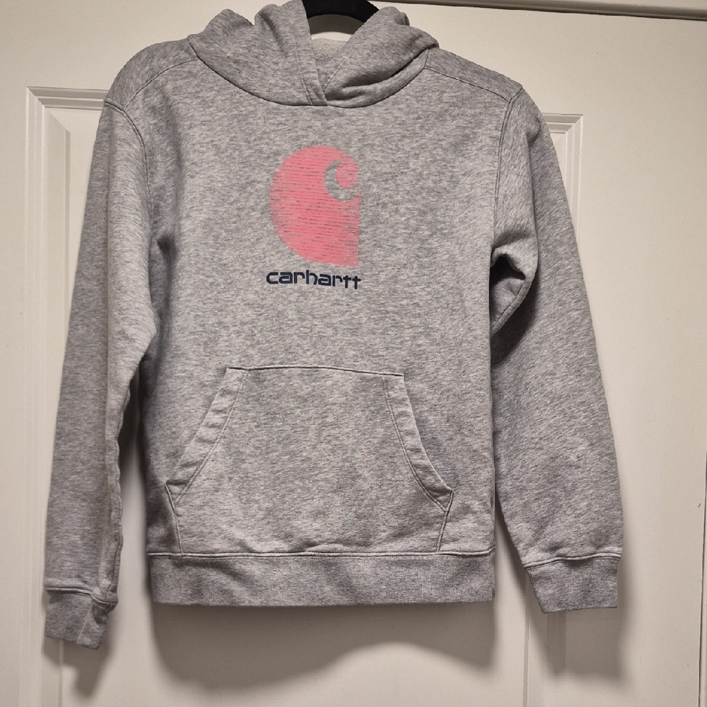 Carhartt Heather Gray Hoodie with Pink Logo